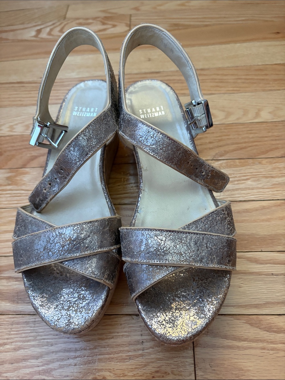 Stuart Weitzman Metallic Gold Wedge Sandals